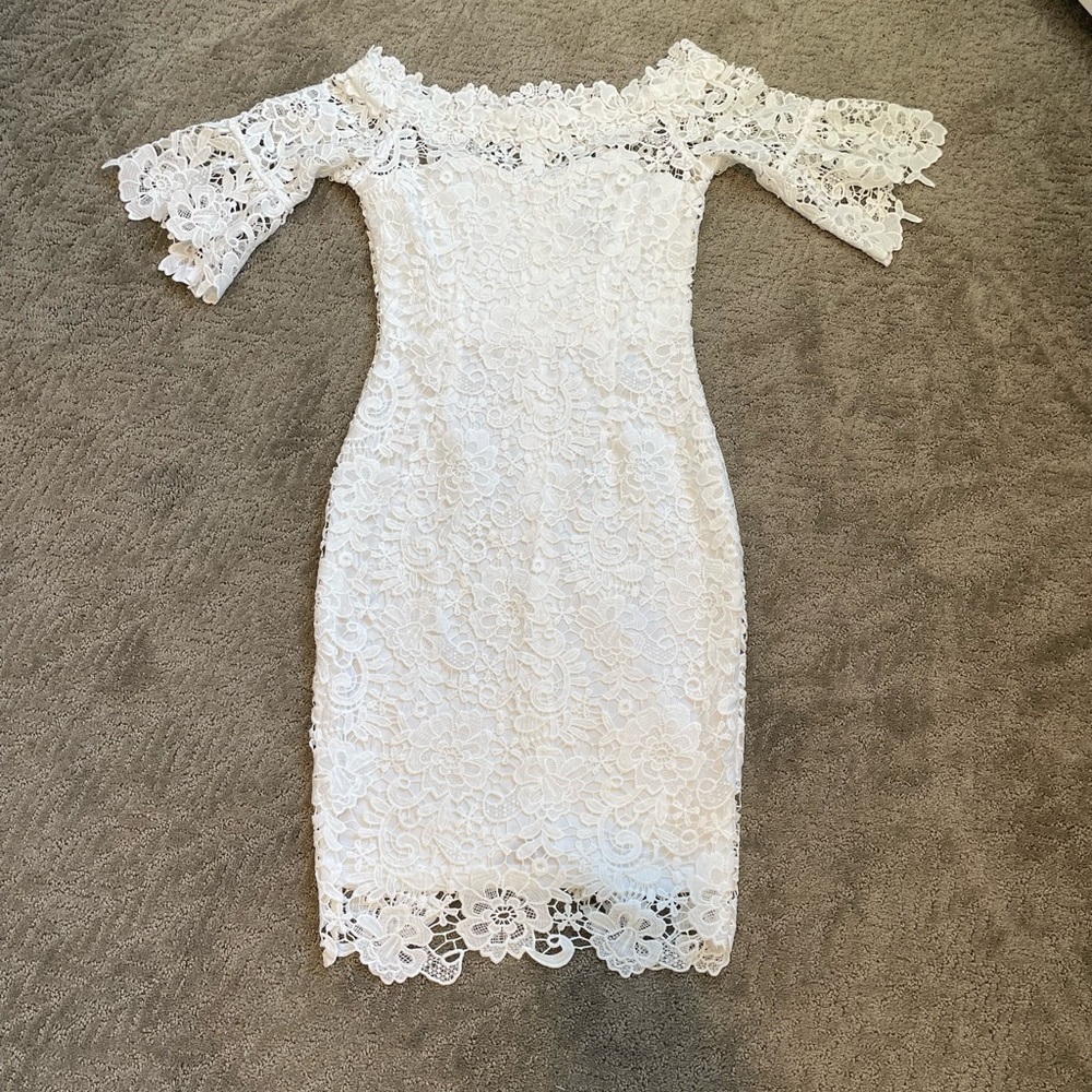 White off-shoulder lace midi dress